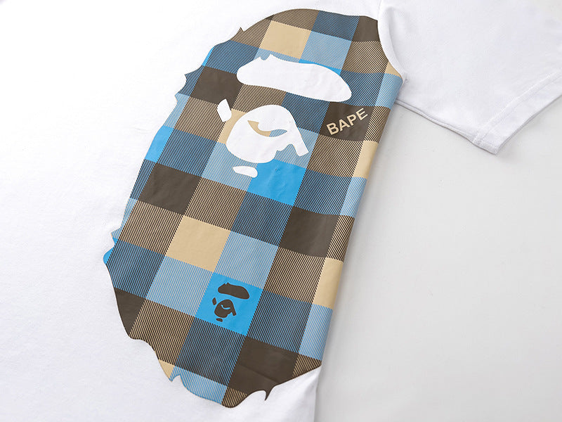 BAPE Blue Plaid Side Ape Head Men's T-Shirt - White