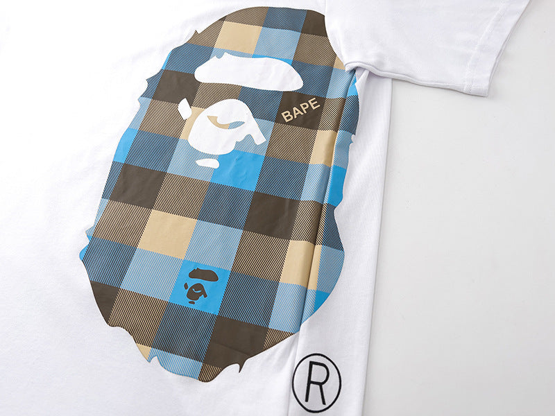 BAPE Blue Plaid Side Ape Head Men's T-Shirt - White