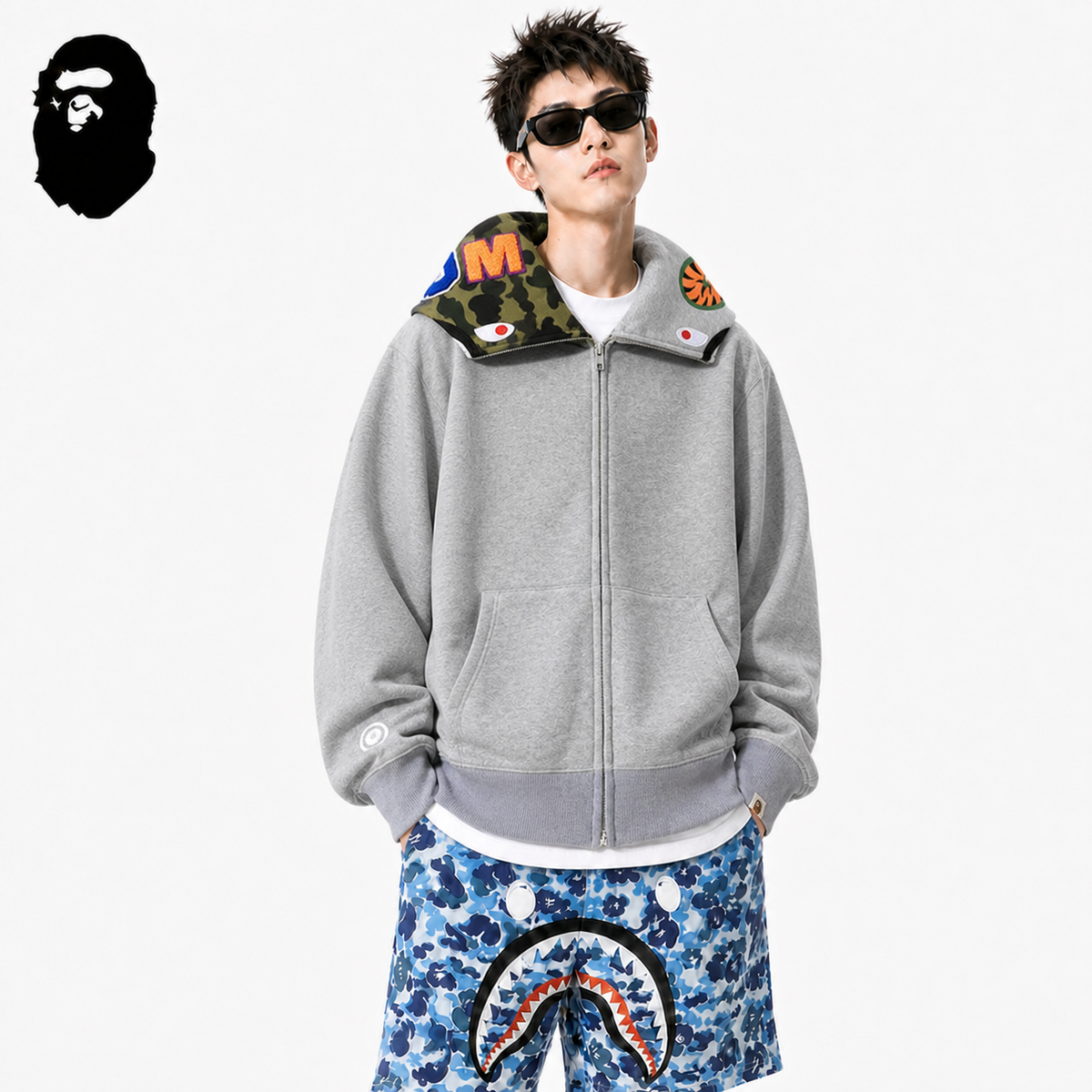 BAPE Camo Shark Hoodie - Black, Grey & Red