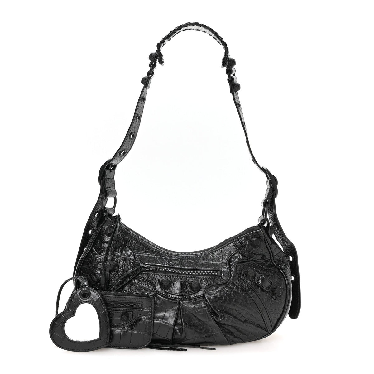 Extra Supple Calfskin Crocodile Embossed Monochrome Small Le Cagole Shoulder Bag Black