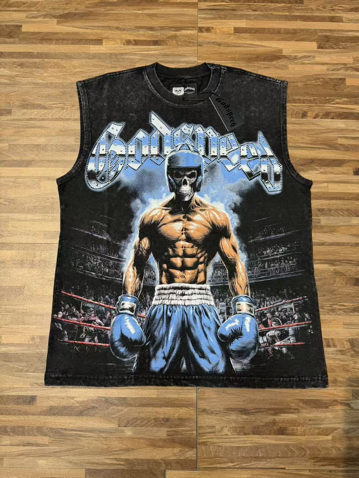 Godspeed Boxer Skull Graphic Acid-Wash Sleeveless T-Shirt
