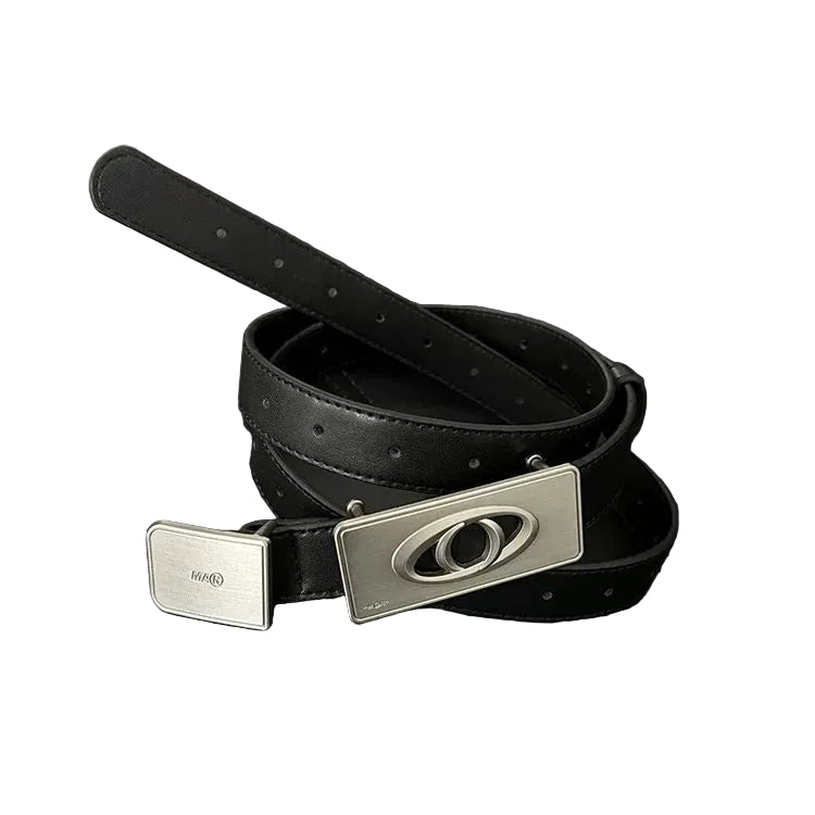 Marthenaut Leather Belt Rectangle Cutout Logo Metal Buckle Waist Belt