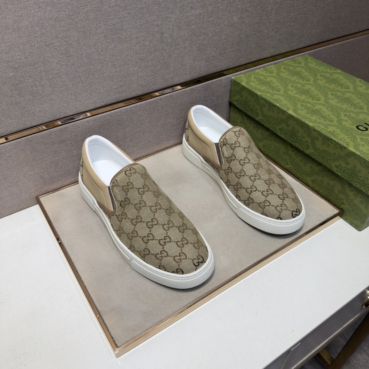 Gucci Men's Beige Patterned Slip-On Sneakers
