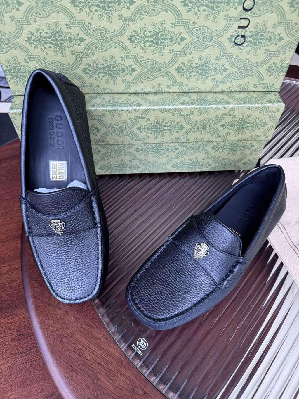 Gucci Dark Navy Pebbled Leather Driving Loafers
