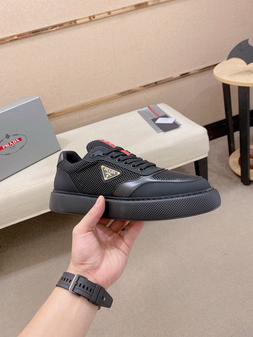 Prada Men's Red Accent Low-Top Sneakers