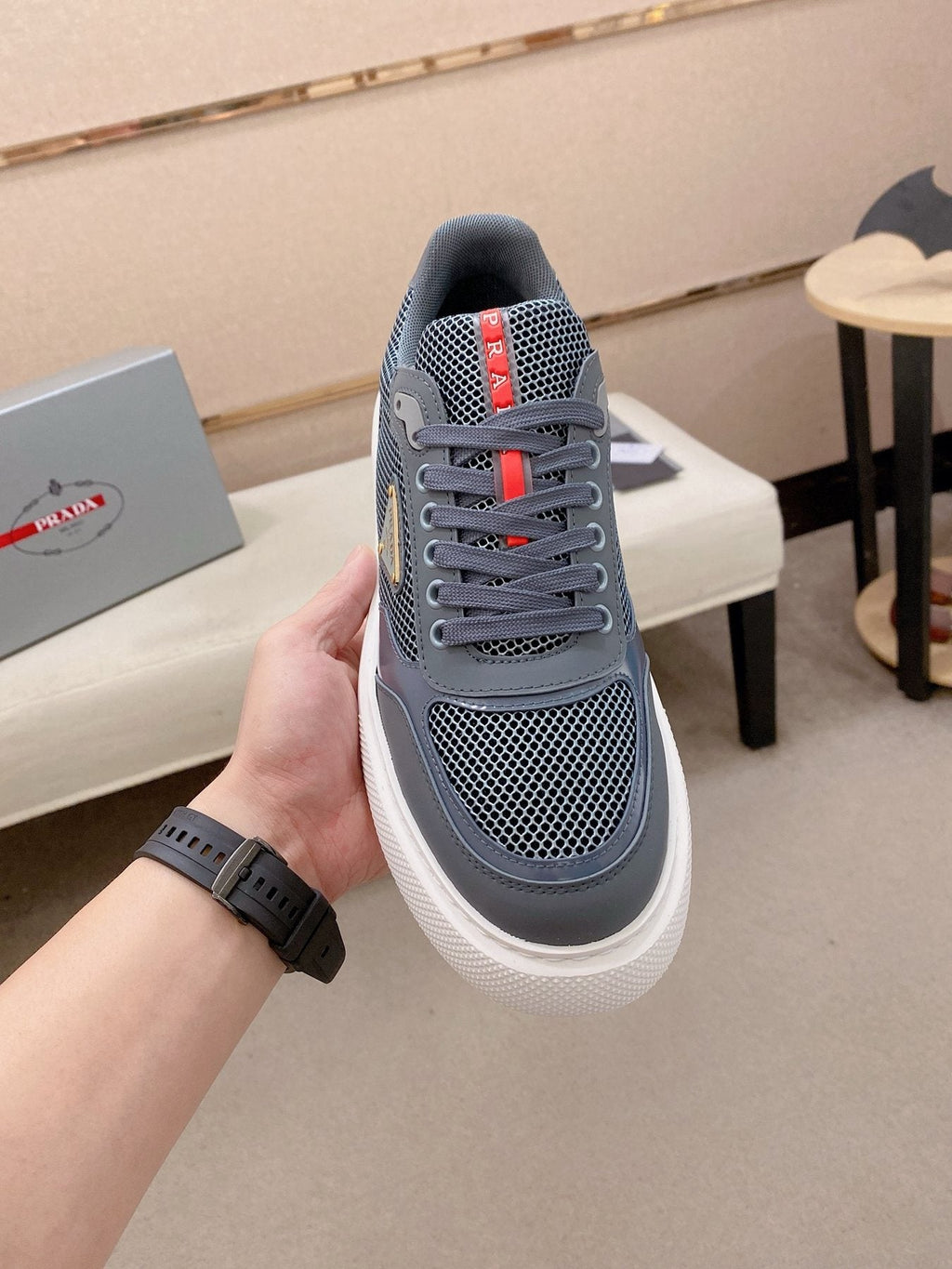 Prada Men's Red Accent Low-Top Sneakers