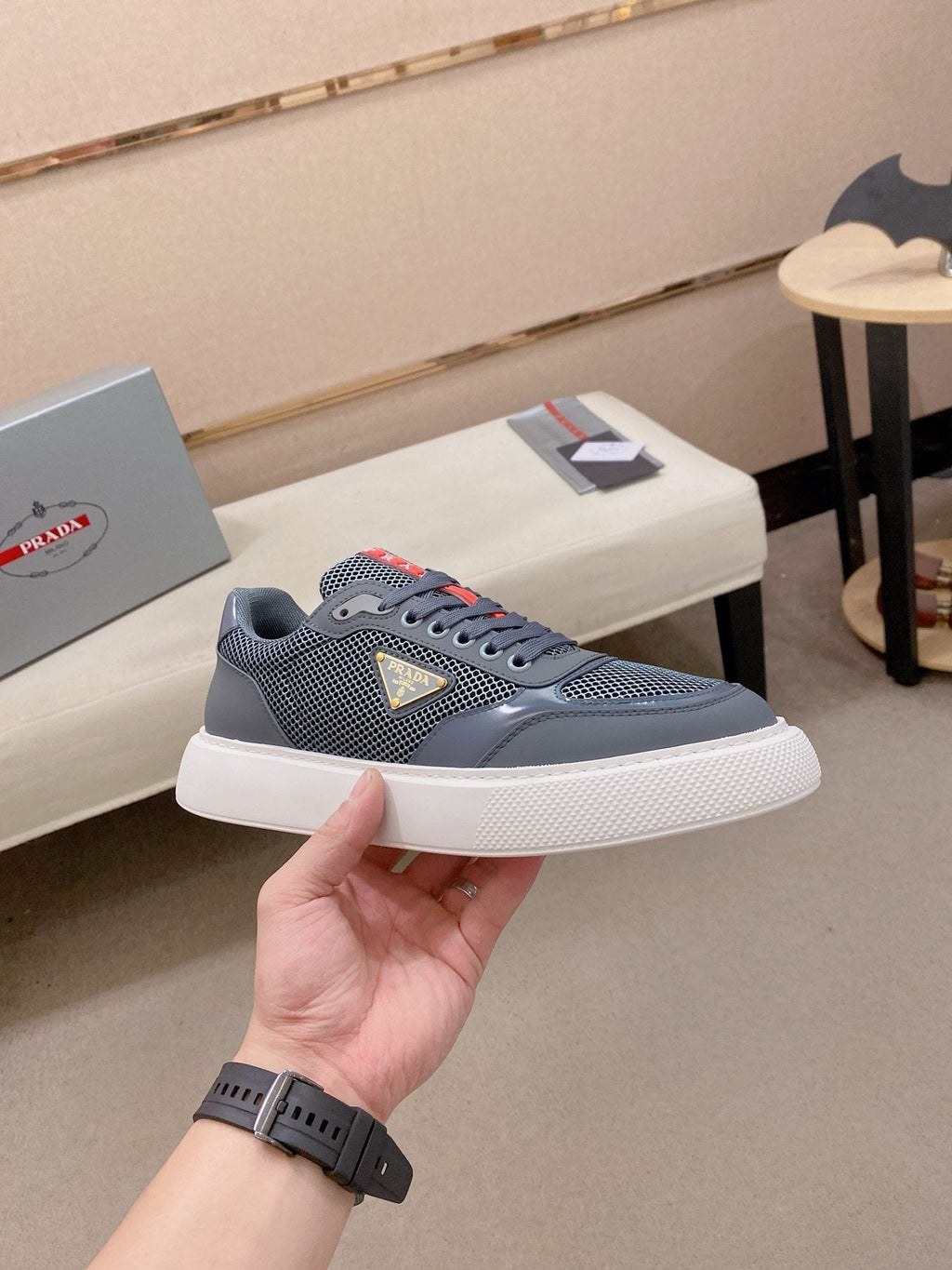 Prada Men's Red Accent Low-Top Sneakers
