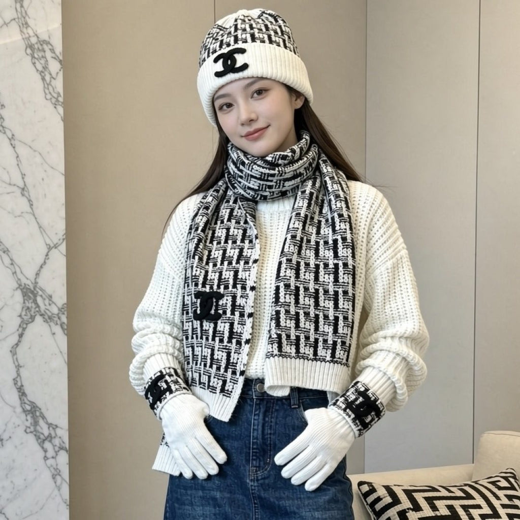 Chanel Logo Knit Hat, Scarf & Gloves Set