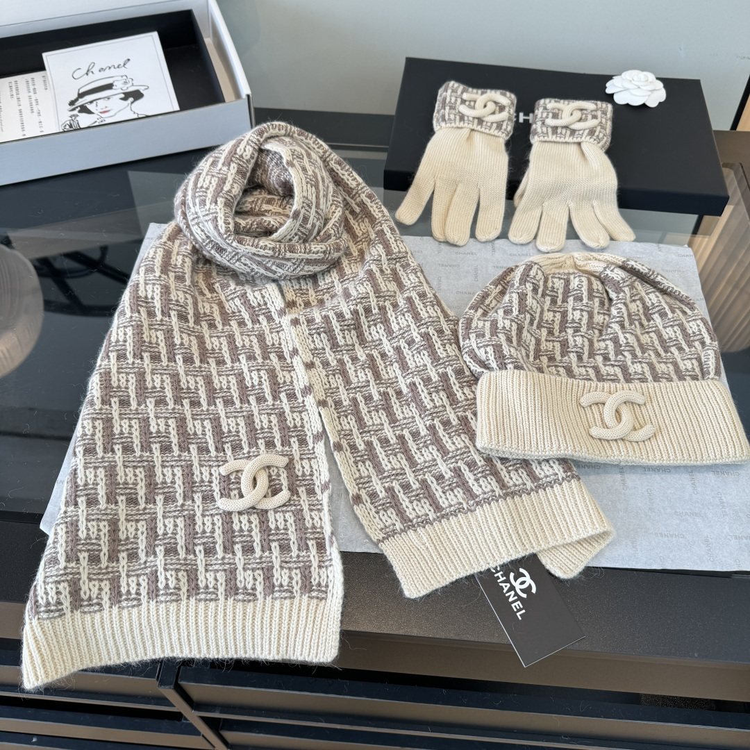 Chanel Logo Knit Hat, Scarf & Gloves Set