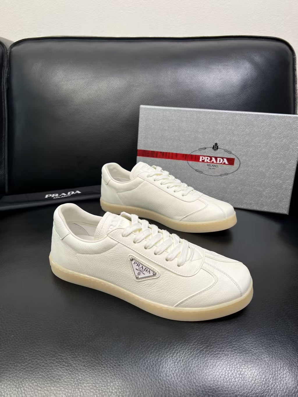 Prada Triangle Logo Low-Top Sneakers - Smooth Leather Upper